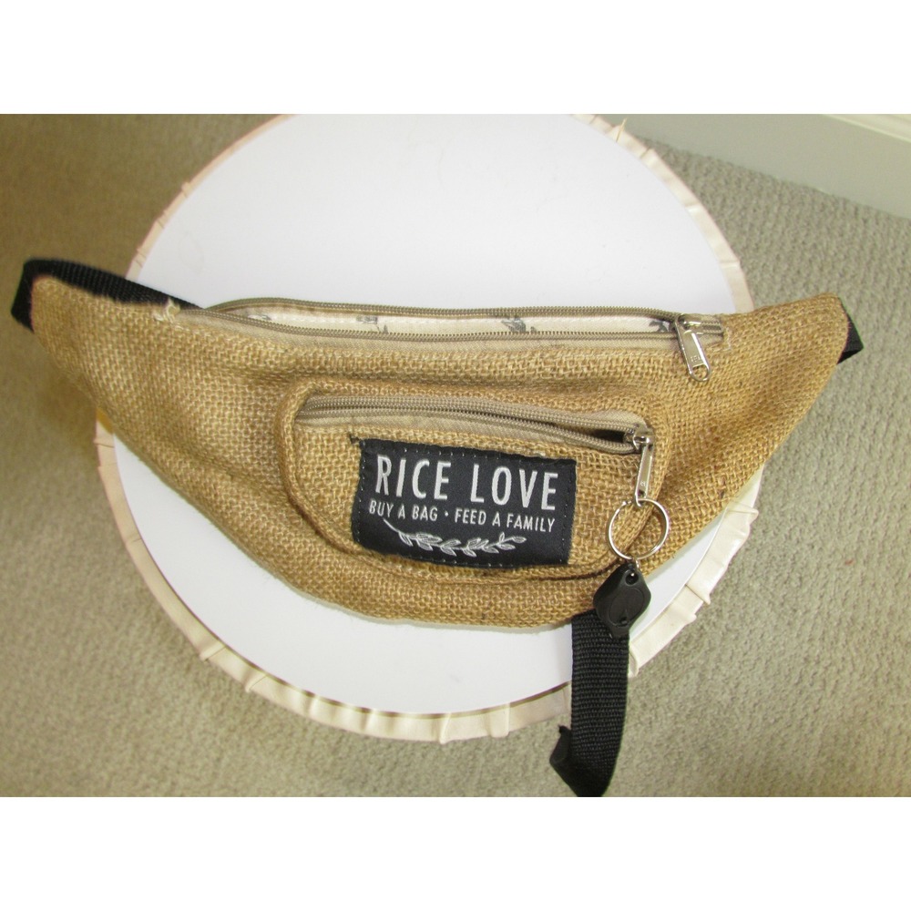Rice Love Fanny Pack Tan Burlap Recycled Sustainable Boho Waist Bag‎ Bum Belt